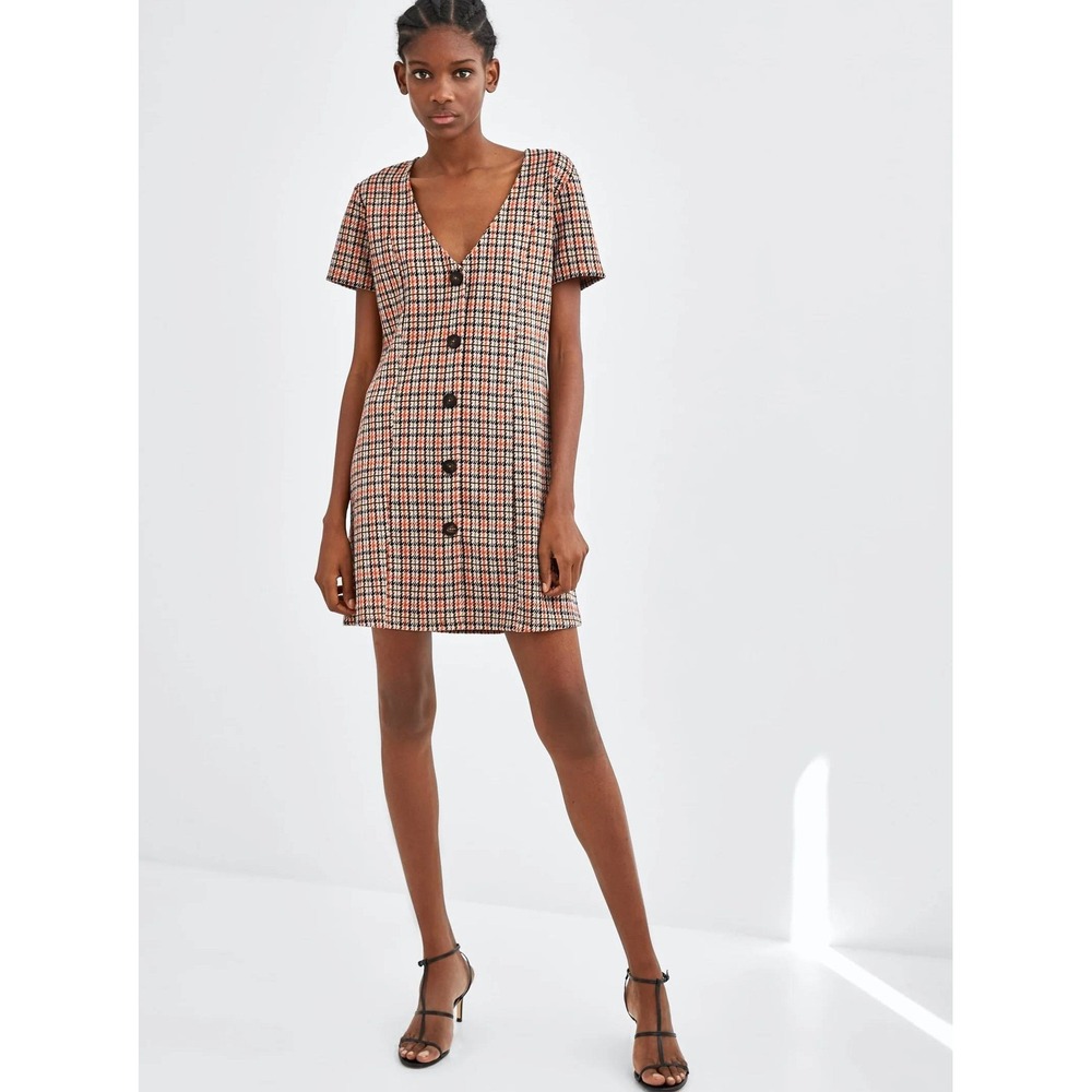Zara Trafaluc Plaid V-Neck Mini Dress M Brown Orange A-Line Fall Academia Twee